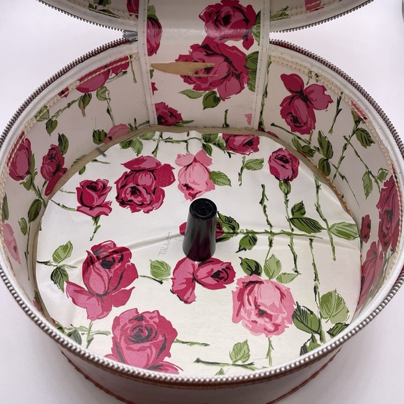 Vtg 60's Hat Wig Box Luggage Travel Carry Case Retro Mod Round Zipper Handle - Picture 7 of 12